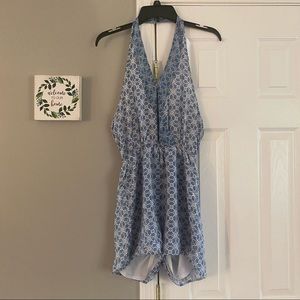 Paper Crane Halter Romper Floral Diamond Abstract Print Pattern Small White Blue